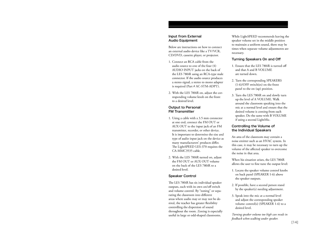 LightSpeed Technologies 780iR user manual Input from External Audio Equipment 