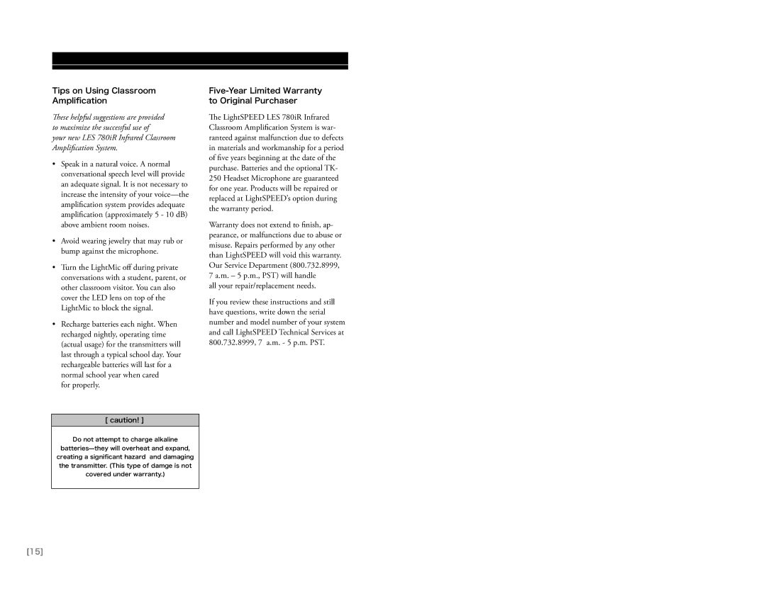 LightSpeed Technologies 780iR Tips on Using Classroom Ampliﬁcation, For properly, All your repair/replacement needs 