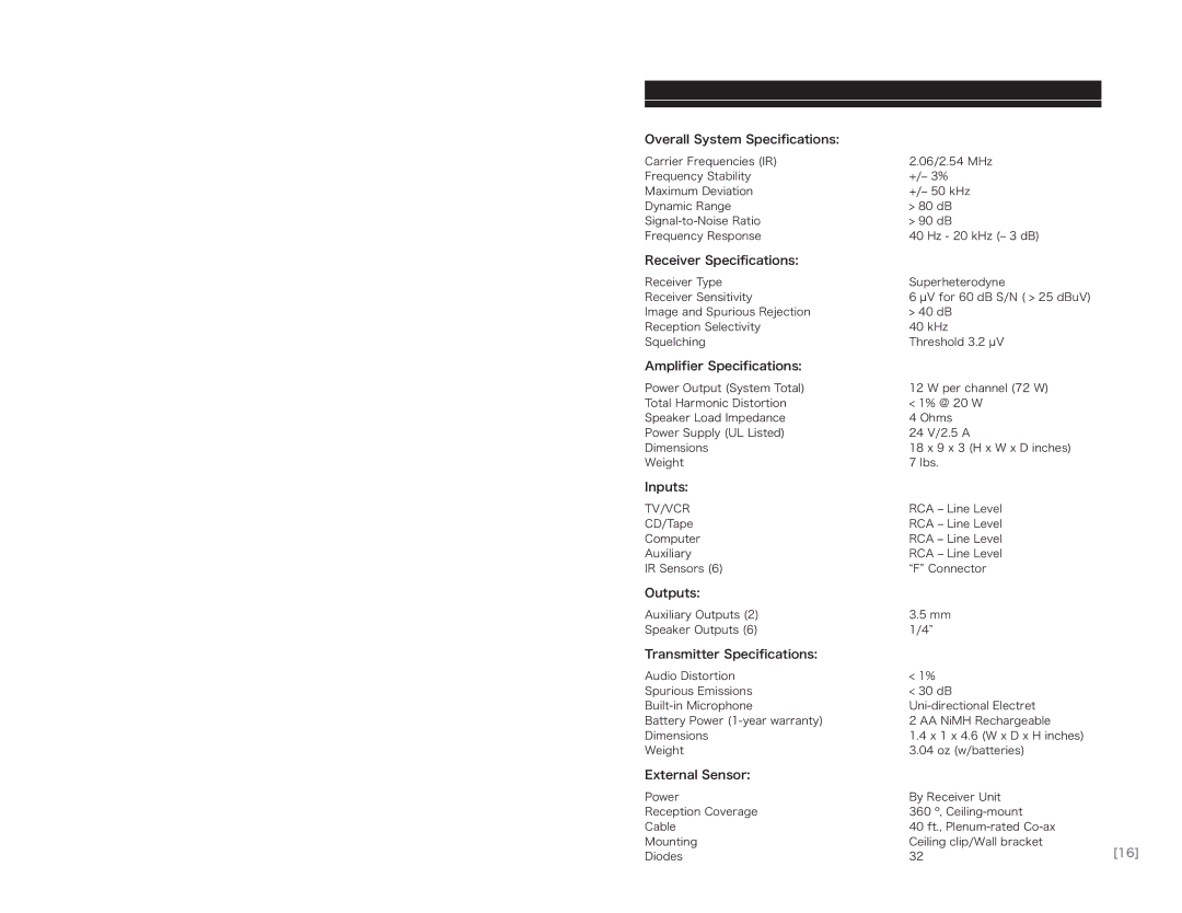 LightSpeed Technologies 780iR Overall System Speciﬁcations, Receiver Speciﬁcations, Amplifier Specifications, Inputs 