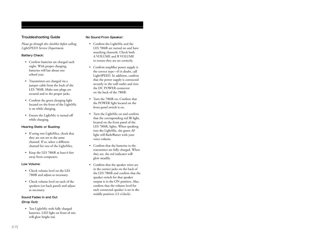 LightSpeed Technologies user manual Troubleshooting Guide, Keep the LES 780iR at least 6 feet away from computers 