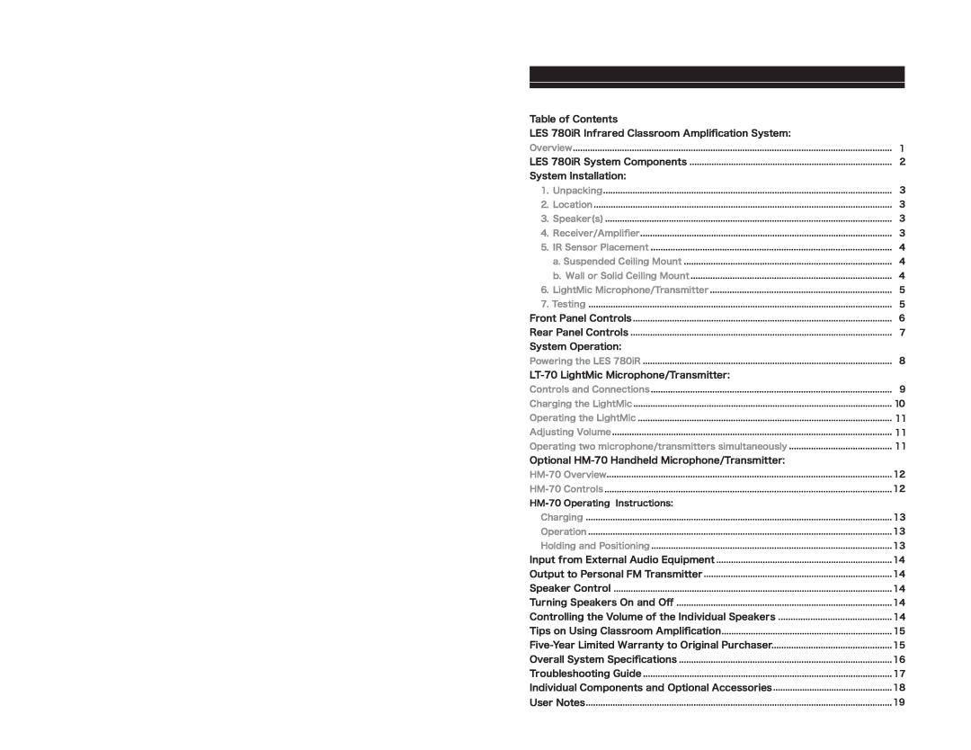LightSpeed Technologies 780iR user manual Table of Contents 