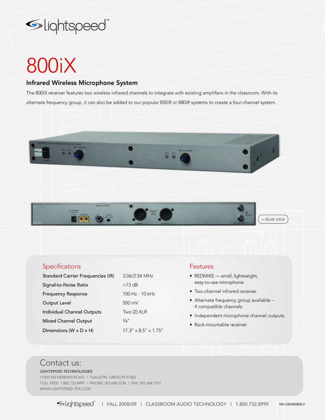 LightSpeed Technologies 800iX specifications Contact us, Infrared Wireless Microphone System, Specifications, Features 