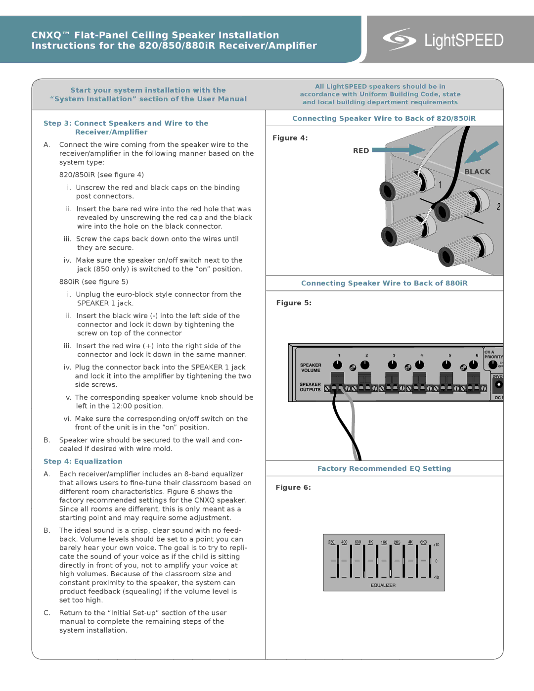 LightSpeed Technologies installation instructions Equalization, Connecting Speaker Wire to Back of 820/850iR, RED Black 