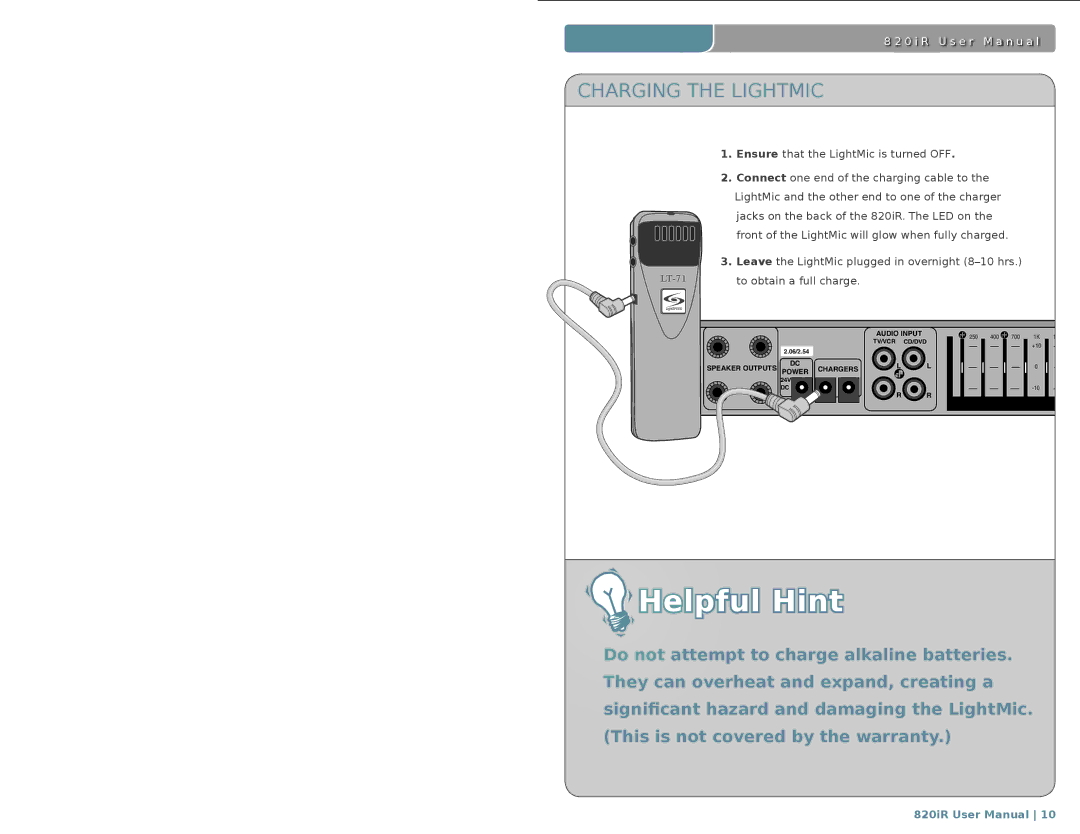 LightSpeed Technologies 820iR user manual Hint, Charging the Lightmic 