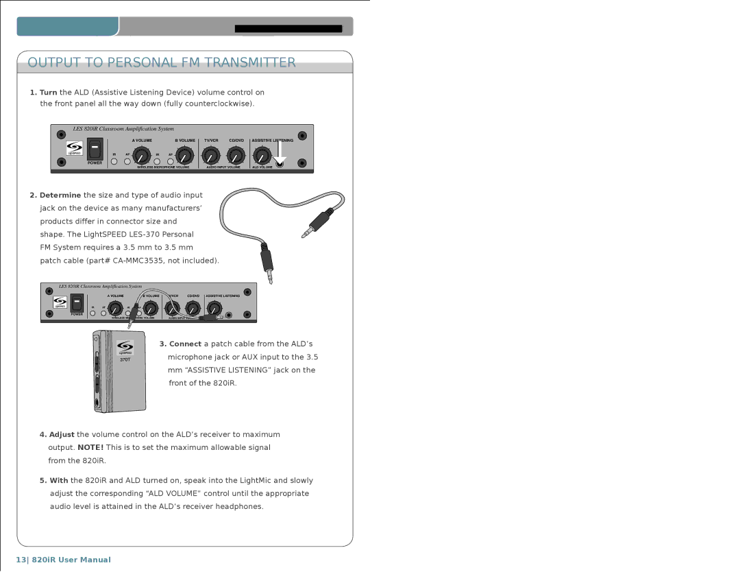 LightSpeed Technologies 820iR user manual Output to Personal FM Transmitter 