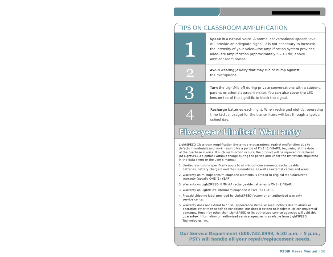 LightSpeed Technologies 820iR user manual Five-year Limited Warranty, Tips on Classroom Amplification 