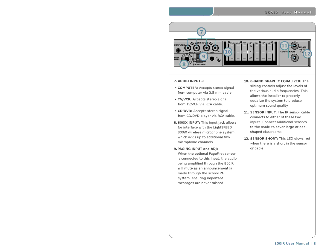 LightSpeed Technologies 850iR user manual Audio Inputs 