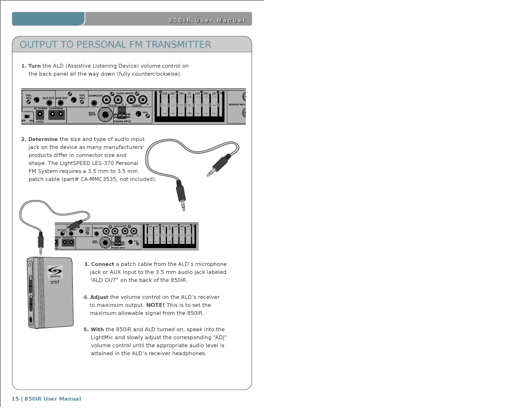 LightSpeed Technologies 850iR user manual Output to Personal FM Transmitter 