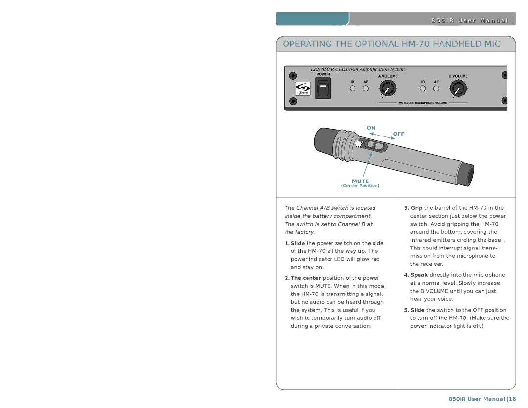 LightSpeed Technologies 850iR user manual Operating the Optional HM-70 Handheld MIC 