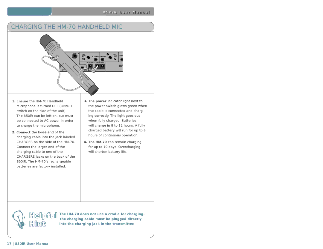 LightSpeed Technologies 850iR user manual Charging the HM-70 Handheld MIC 