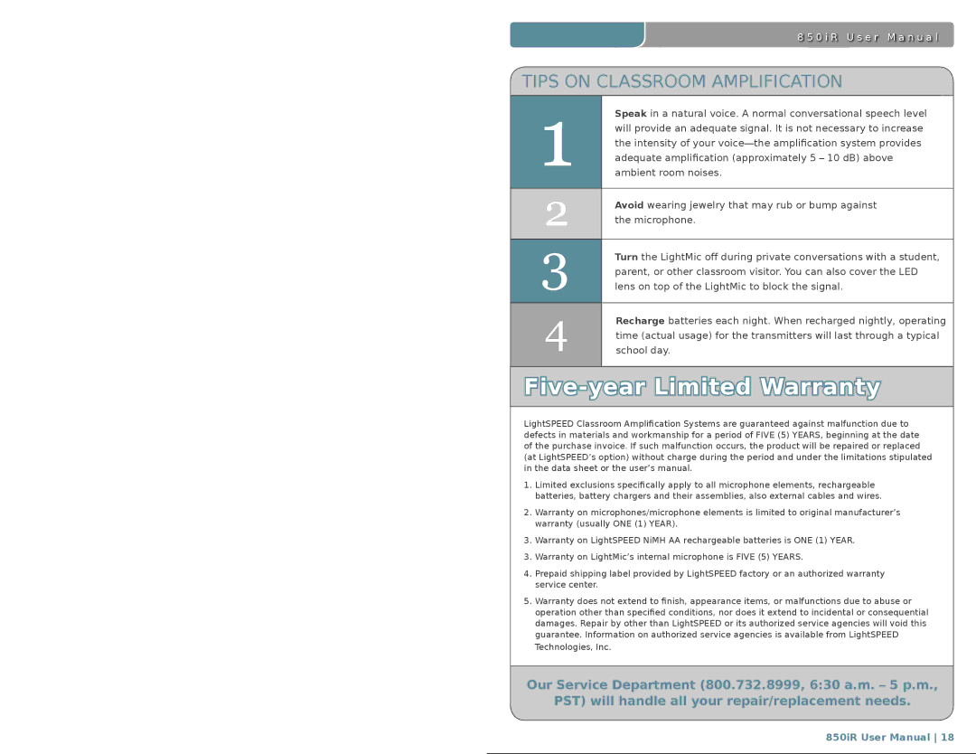 LightSpeed Technologies 850iR user manual Five-year Limited Warranty, Tips on Classroom Amplification 
