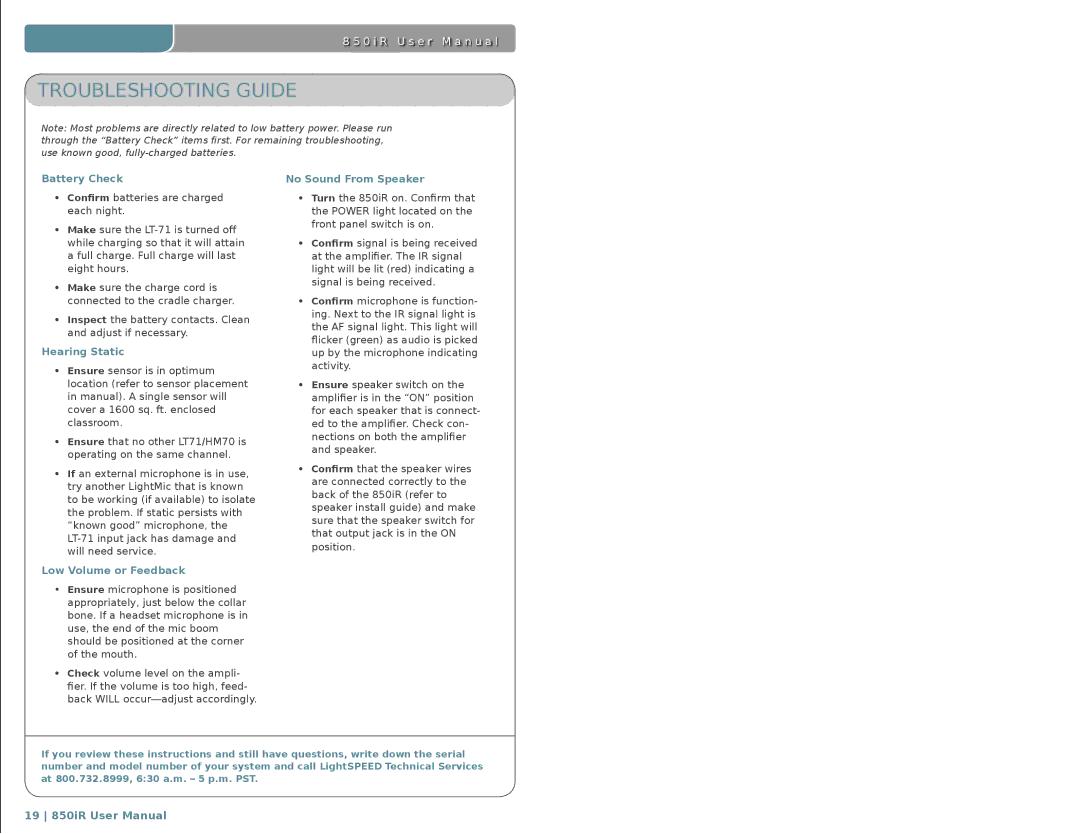 LightSpeed Technologies 850iR user manual Troubleshooting Guide, Battery Check No Sound From Speaker 