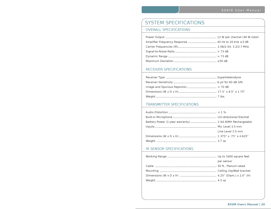 LightSpeed Technologies 850iR user manual System Specifications, Overall Specifications 