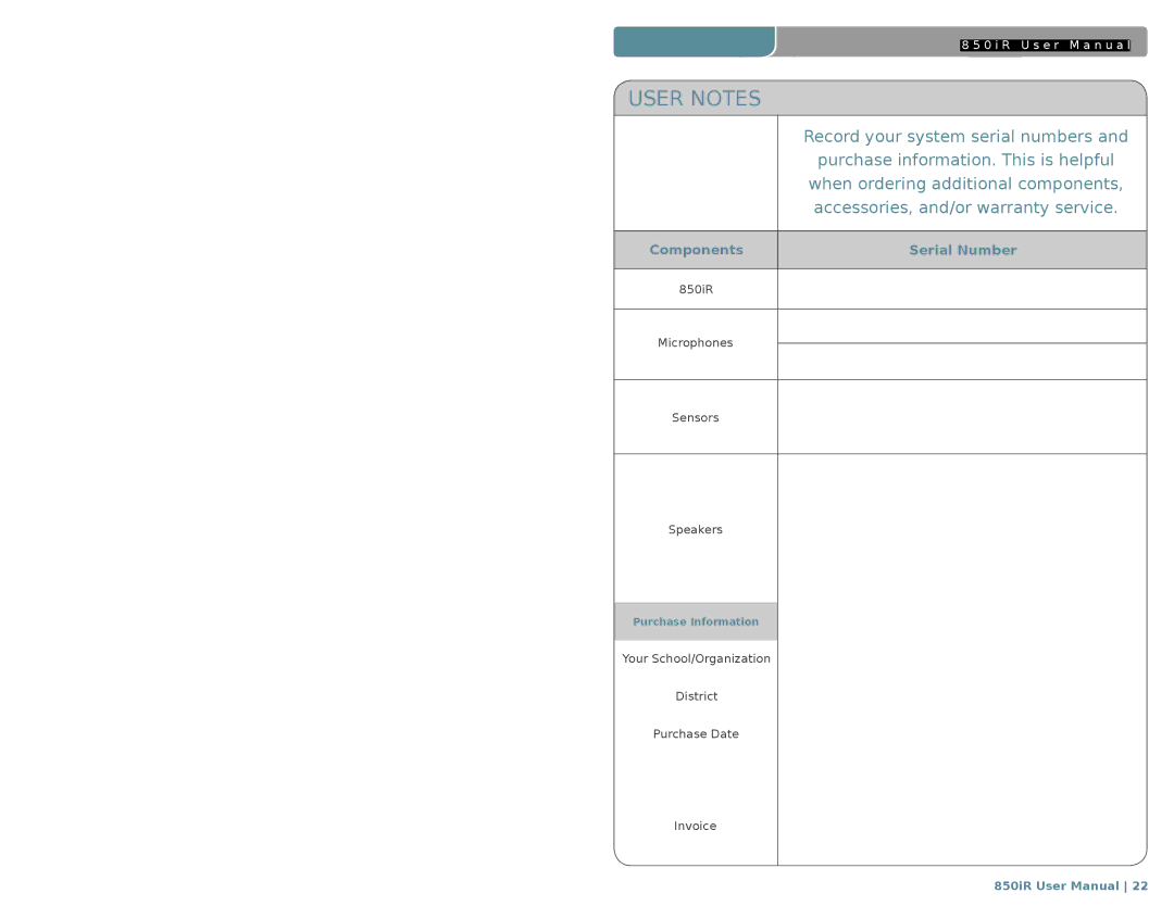 LightSpeed Technologies 850iR user manual User Notes, Components Serial Number 