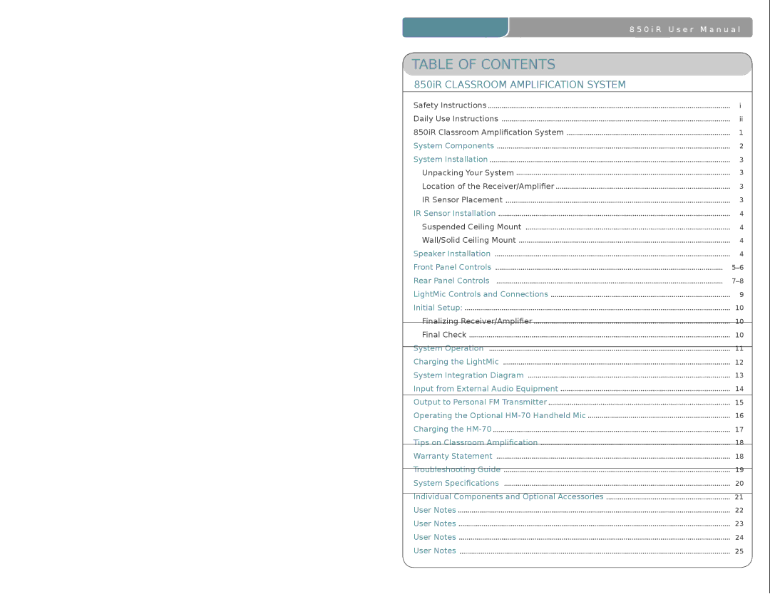 LightSpeed Technologies 850iR user manual Table of Contents 