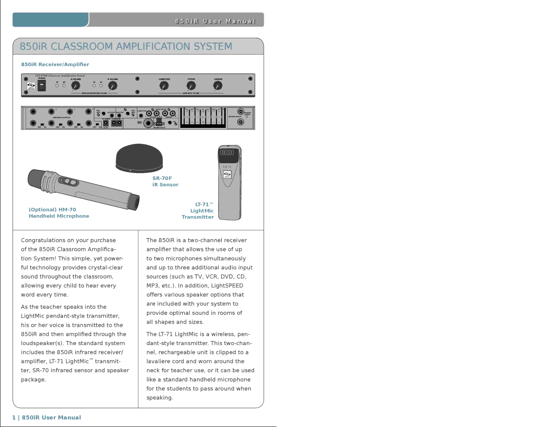 LightSpeed Technologies user manual 850iR Classroom Amplification System 