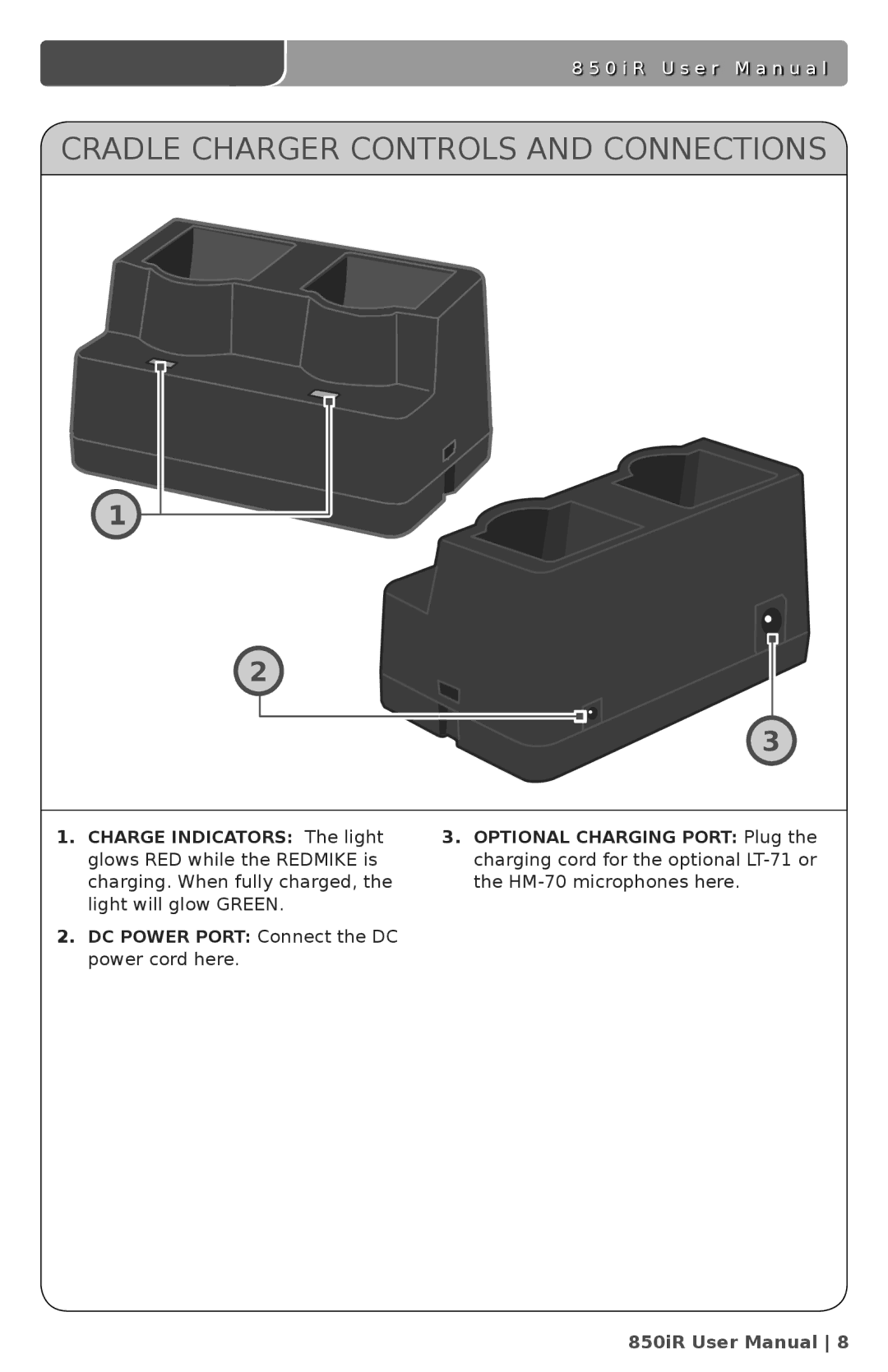 LightSpeed Technologies 850iR user manual Cradle Charger Controls and Connections 