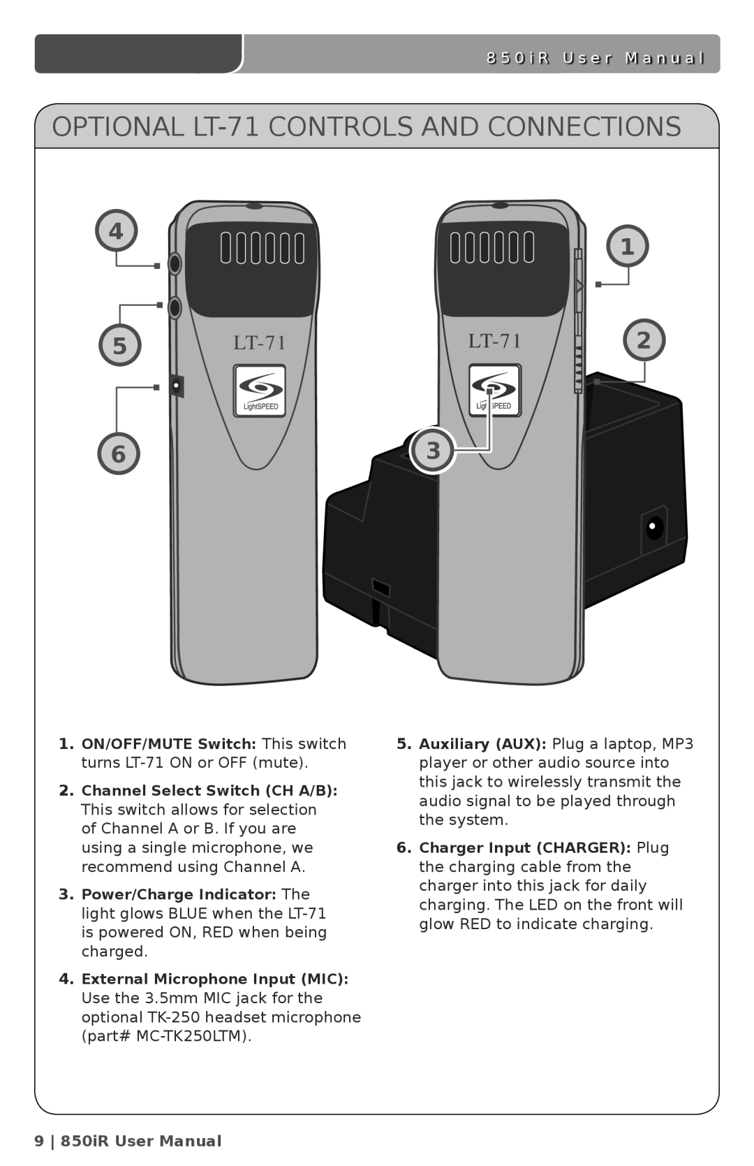 LightSpeed Technologies 850iR user manual Optional LT-71 Controls and Connections 