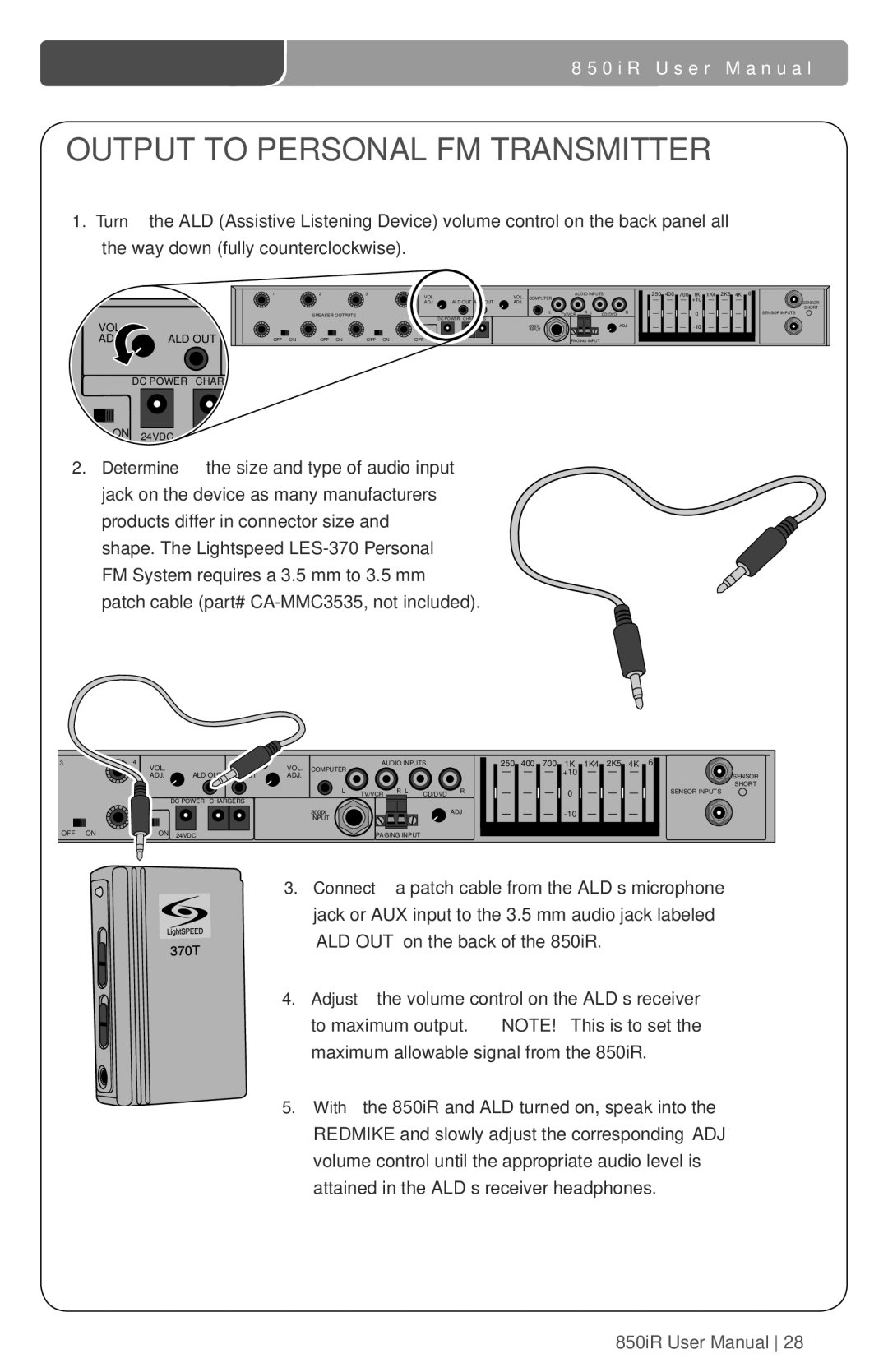 LightSpeed Technologies 850iR user manual Output to Personal FM Transmitter 