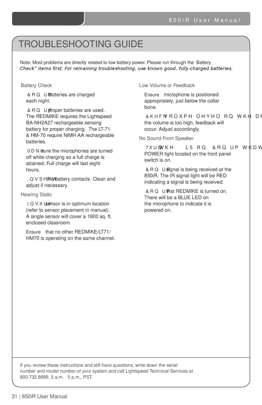 LightSpeed Technologies 850iR user manual Troubleshooting Guide, Battery Check 