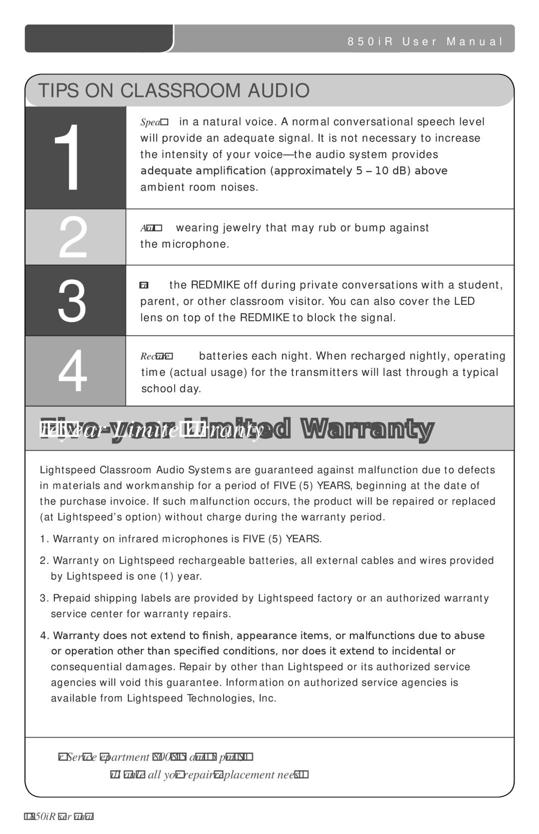 LightSpeed Technologies 850iR user manual Five-year Limited Warranty, Tips on Classroom Audio 