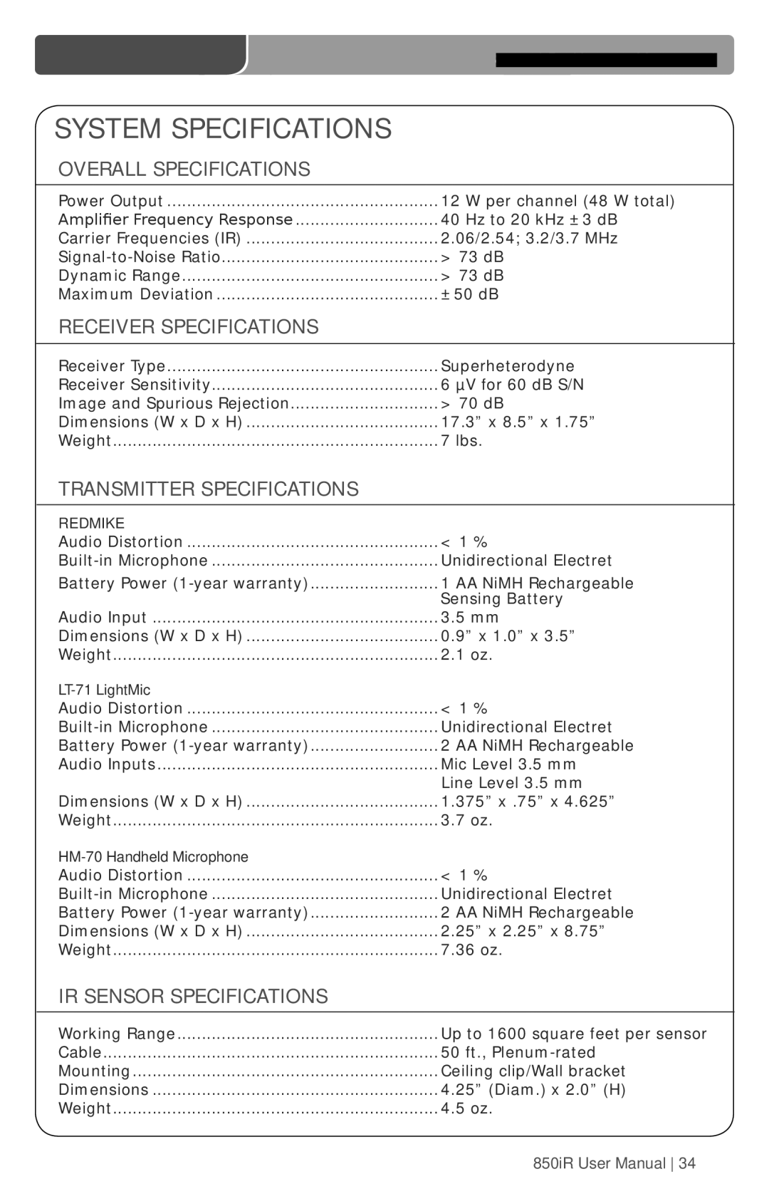 LightSpeed Technologies 850iR user manual System Specifications, Overall Specifications 