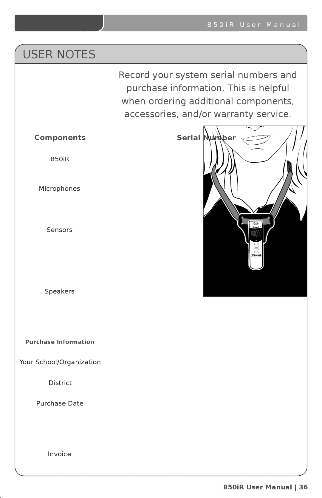 LightSpeed Technologies 850iR user manual User Notes, Components Serial Number 