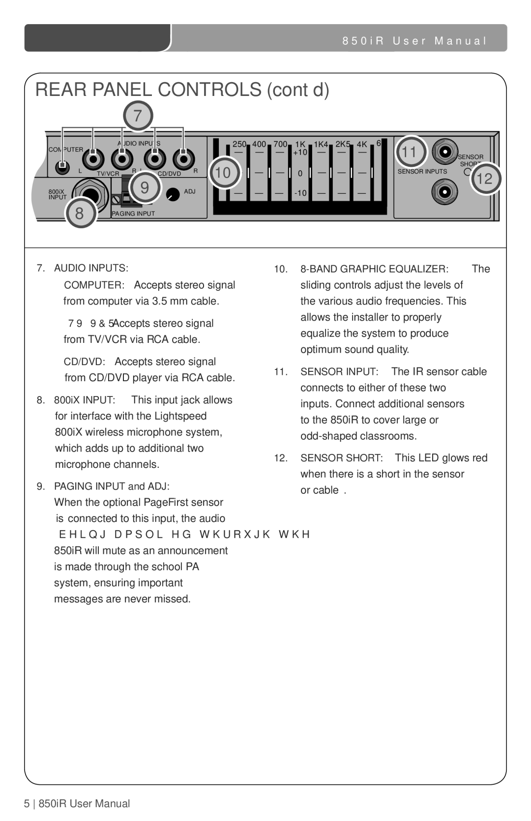 LightSpeed Technologies 850iR user manual Rear Panel Controls cont’d 