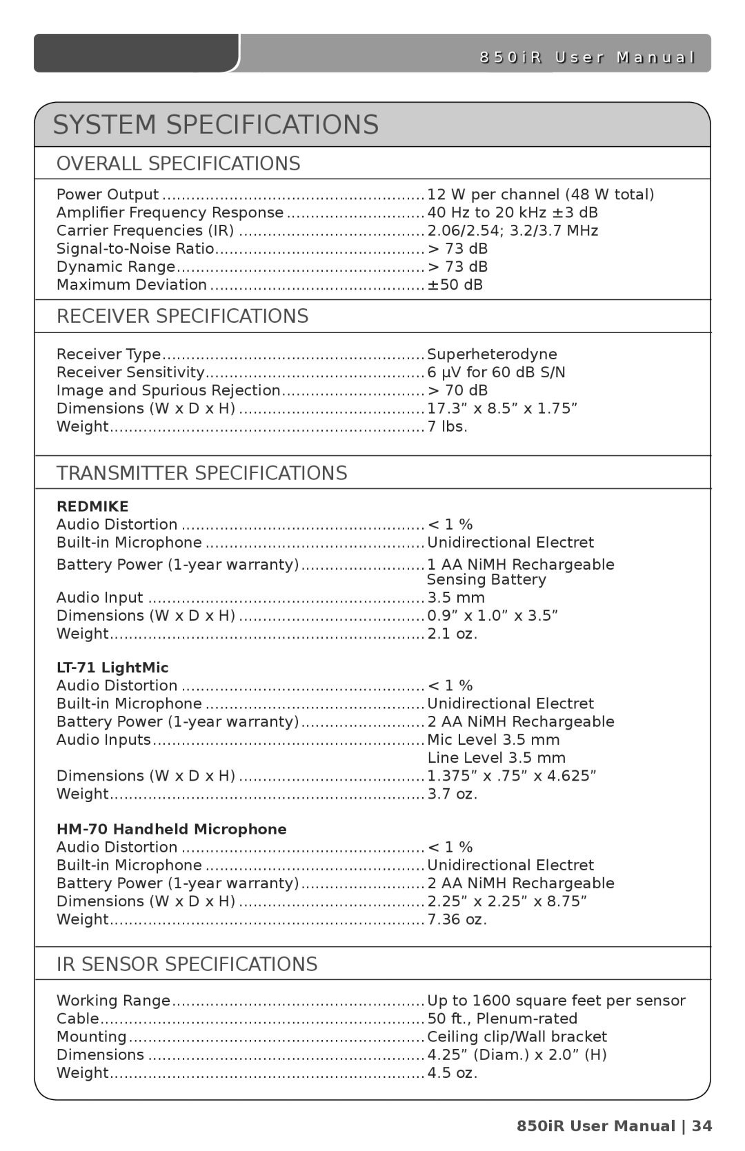 LightSpeed Technologies 850iR user manual System Specifications, Overall Specifications, Receiver Specifications 