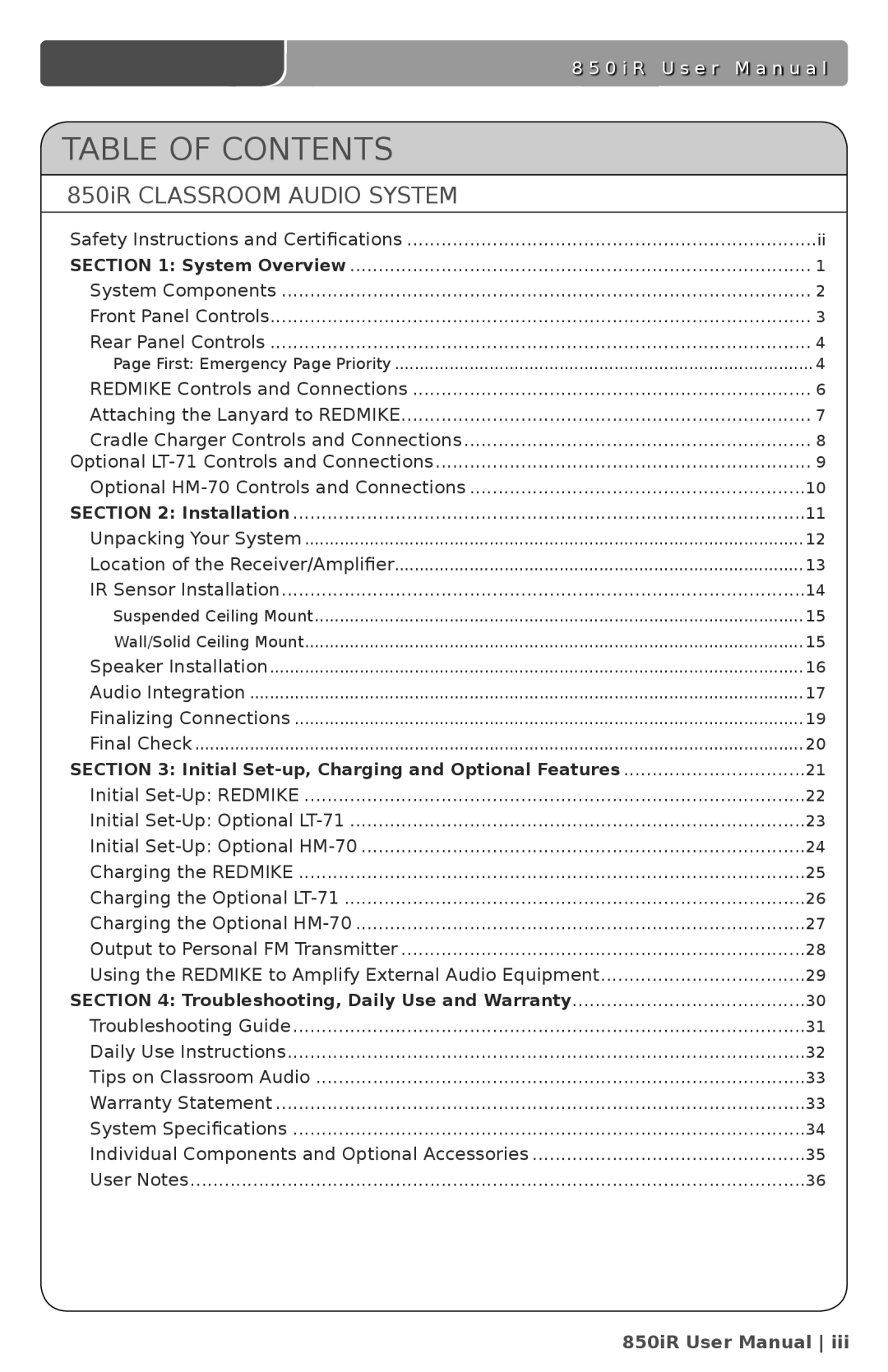 LightSpeed Technologies user manual Table Of Contents, 850iR CLASSROOM AUDIO SYSTEM, 8 5 0 i R U s e r M a n u a l 