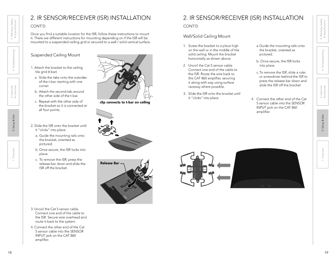 LightSpeed Technologies CAT 860 IR SENSOR/RECEIVER ISR Installation, Clip connects to t-bar on ceiling Release Bar 