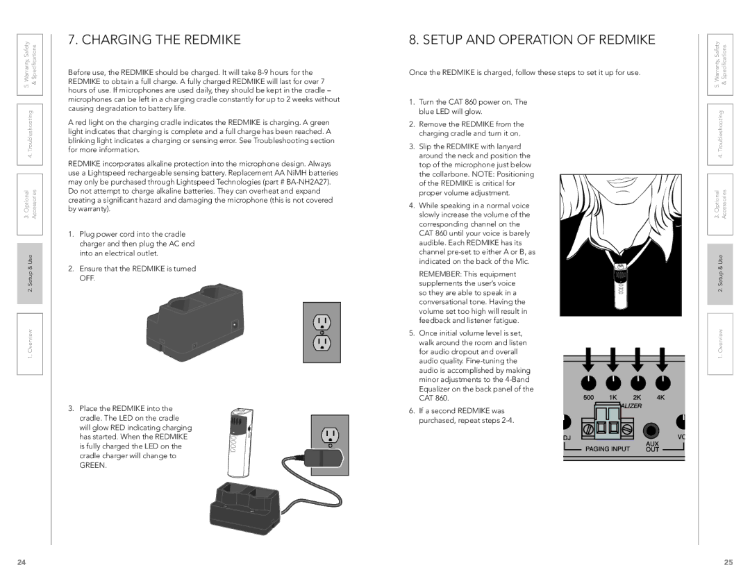 LightSpeed Technologies CAT 860 user manual Charging the Redmike, Setup and Operation of Redmike, Green 