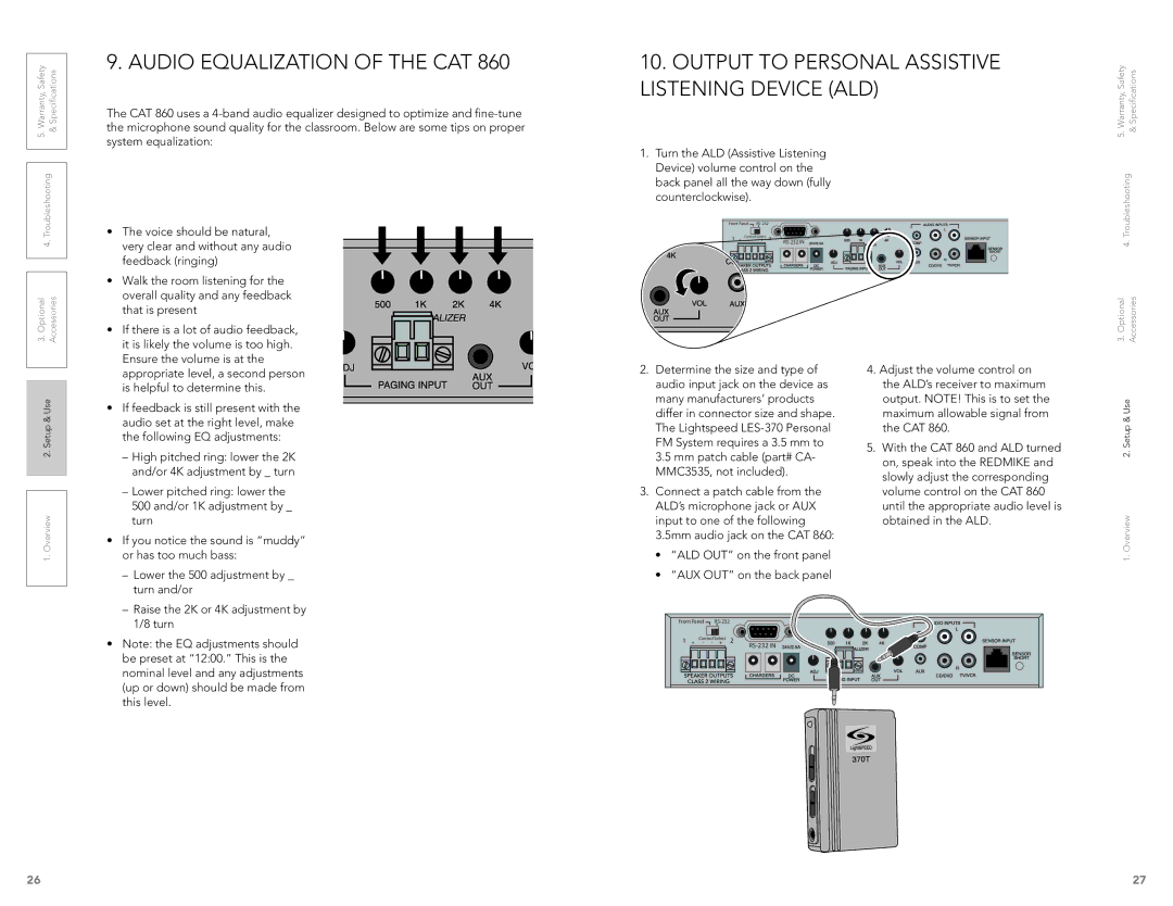 LightSpeed Technologies CAT 860 Audio Equalization of the CAT, Output to Personal Assistive Listening Device ALD 