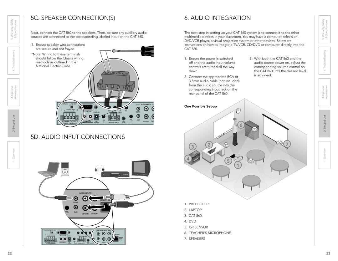 LightSpeed Technologies CAT 860 user manual 5C. SPEAKER CONNECTIONS, Audio Integration, 5D. AUDIO INPUT CONNECTIONS 