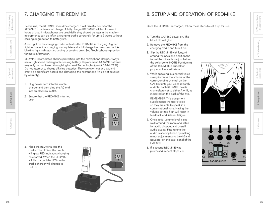 LightSpeed Technologies CAT 860 user manual Charging The Redmike, Setup And Operation Of Redmike 