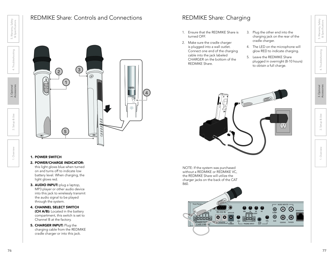 LightSpeed Technologies CAT 860 user manual REDMIKE Share Controls and Connections, REDMIKE Share Charging, Power Switch 