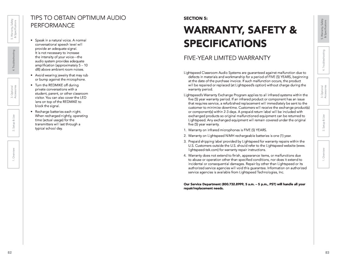 LightSpeed Technologies CAT 860 Warranty, Safety & Specifications, Tips To Obtain Optimum Audio Performance, Section 