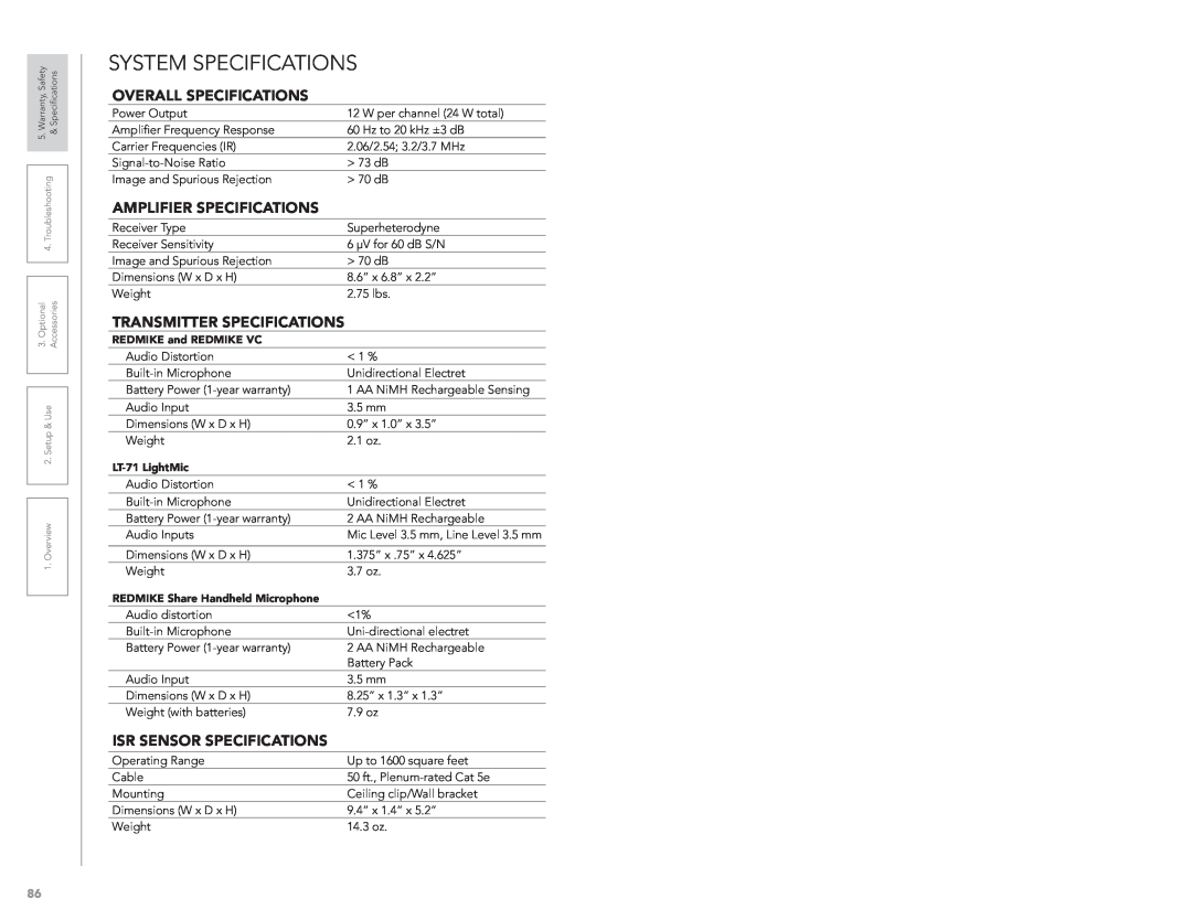 LightSpeed Technologies CAT 860 user manual System Specifications, Overall Specifications, Amplifier Specifications 