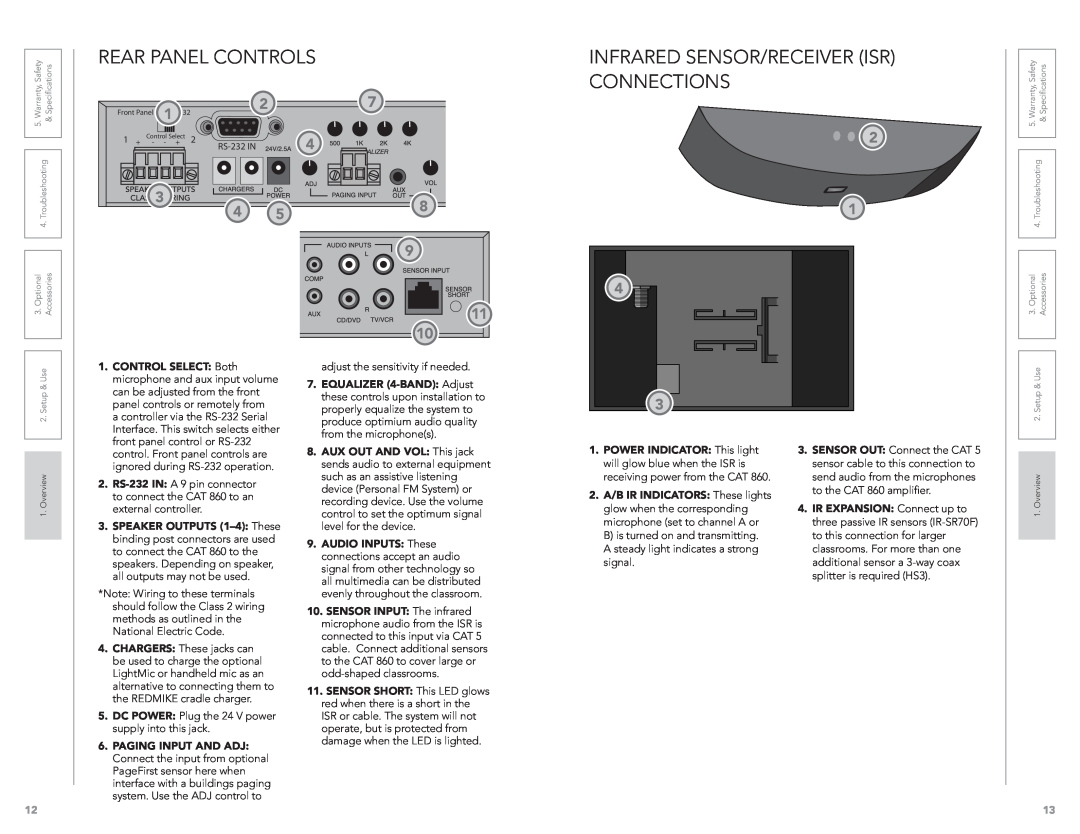LightSpeed Technologies CAT 860 user manual Rear Panel Controls, Infrared Sensor/Receiver Isr Connections 