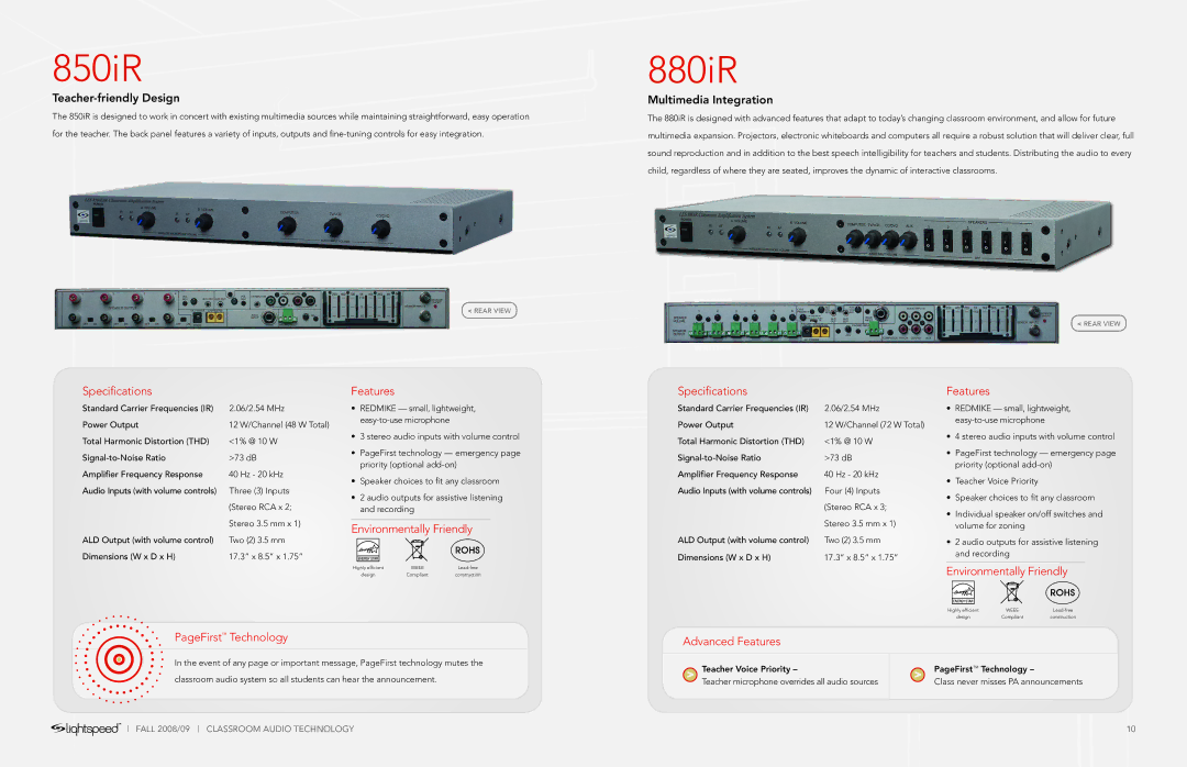 LightSpeed Technologies Classroom Audio Microphone manual Specifications Features, PageFirst Technology, Advanced Features 