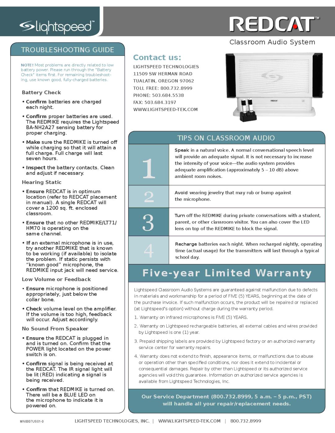 LightSpeed Technologies Classroom Audio System manual Troubleshooting Guide, Tips on Classroom Audio 