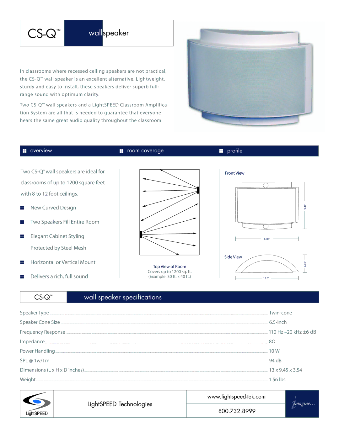 LightSpeed Technologies CS-Q specifications Cs-Q, Speaker, Wall speaker specifications 