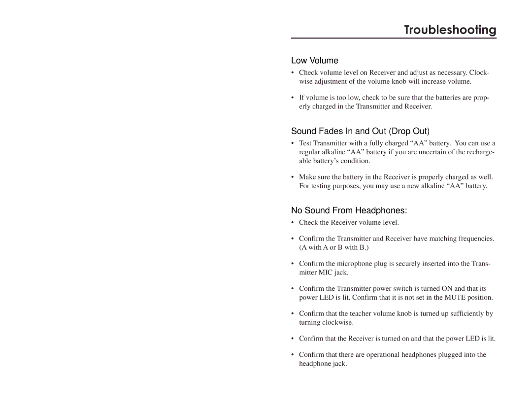 LightSpeed Technologies LES 370 Series user manual Troubleshooting, Battery Check, Hearing Static 