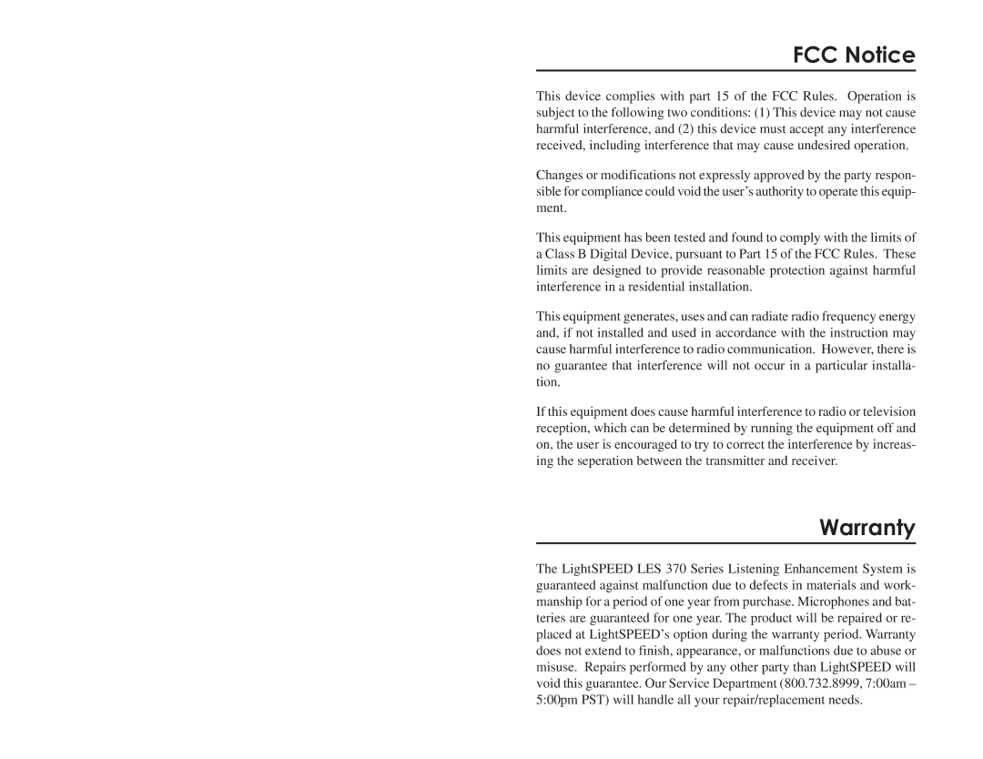 LightSpeed Technologies LES 370 Series user manual FCC Notice, Warranty 