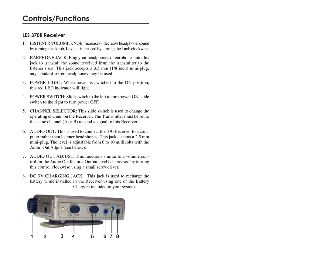 LightSpeed Technologies LES 370 Series user manual Controls/Functions, LES 370R Receiver 