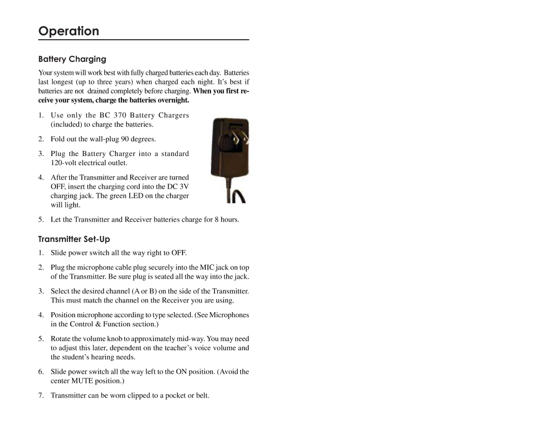 LightSpeed Technologies LES 370 Series user manual Operation, Battery Charging, Transmitter Set-Up 