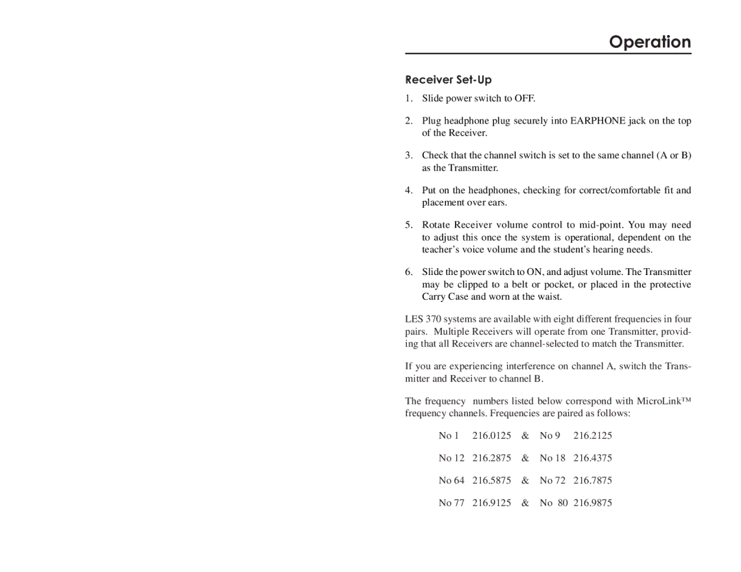 LightSpeed Technologies LES 370 Series user manual Receiver Set-Up 