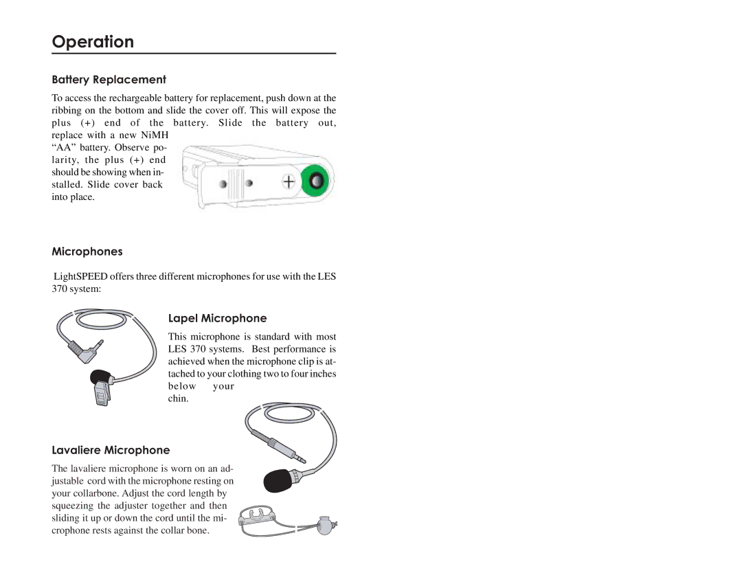 LightSpeed Technologies LES 370 Series user manual Battery Replacement, Microphones, Lapel Microphone, Lavaliere Microphone 