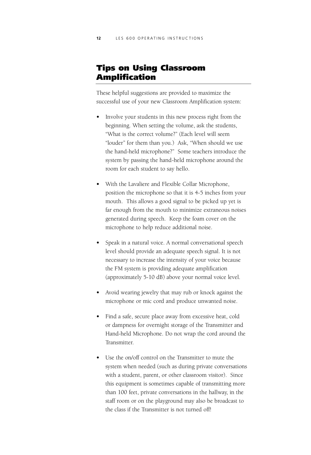 LightSpeed Technologies LES 600 Series user manual Tips on Using Classroom Amplification 