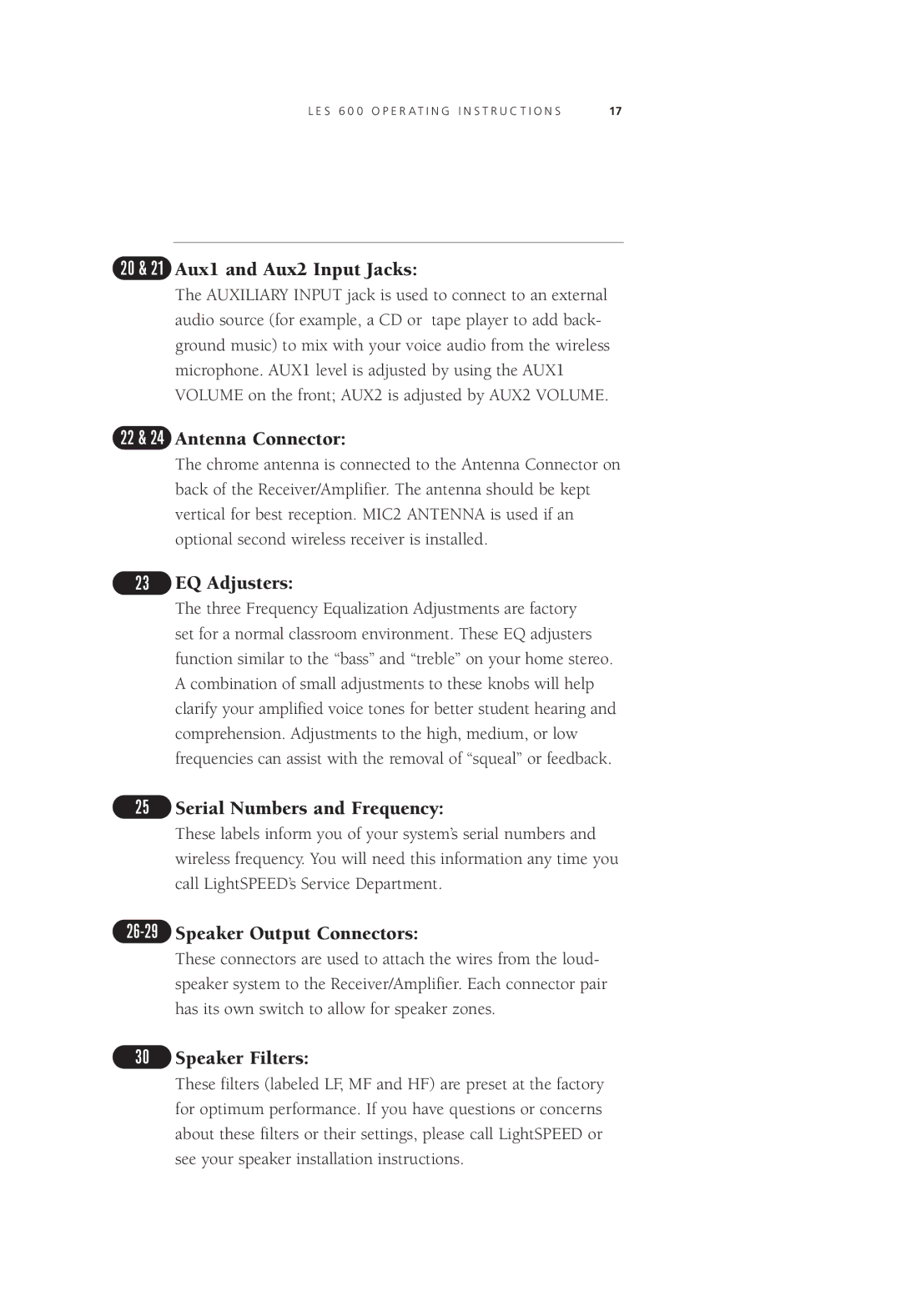 LightSpeed Technologies LES 600 Series 20 & 21 Aux1 and Aux2 Input Jacks, 22 & 24 Antenna Connector, EQ Adjusters 